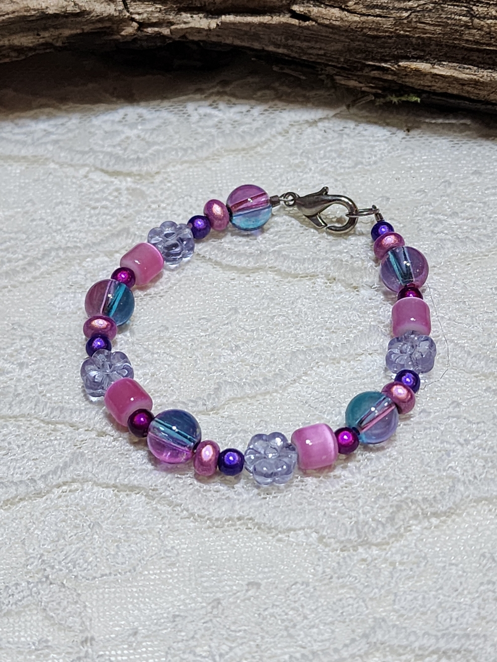 Dainty Pink & Purple Beaded Small Bracelet 5.75"
